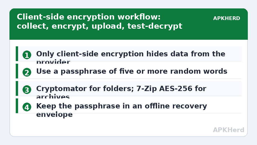 Client-side encryption workflow: collect, encrypt, upload, test-decrypt