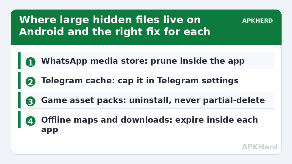 Where large hidden files live on Android and the right fix for each